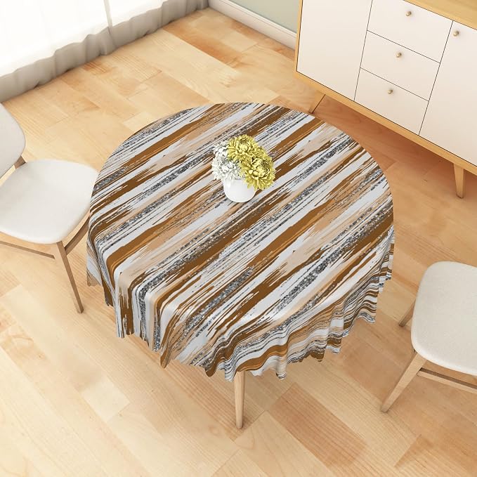 Abstract Striped Round Tablecloth 60 Inch Brown and White Old Texture Grunge Stripes Vintage Mosaic Dust-Proof Circle Table Cover Protector for Home Kitchen Restaurant Picnic Camping BBQ
