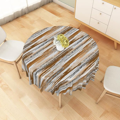 Abstract Striped Round Tablecloth 60 Inch Brown and White Old Texture Grunge Stripes Vintage Mosaic Dust-Proof Circle Table Cover Protector for Home Kitchen Restaurant Picnic Camping BBQ