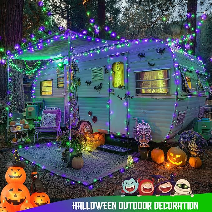JMEXSUSS 66ft 200 LED Purple and Green Halloween Lights Plug in | Connectable ,8 Modes, Waterproof, Halloween String Lights for Tree Yard Outdoor Indoor Bedroom Garden Patio Decor