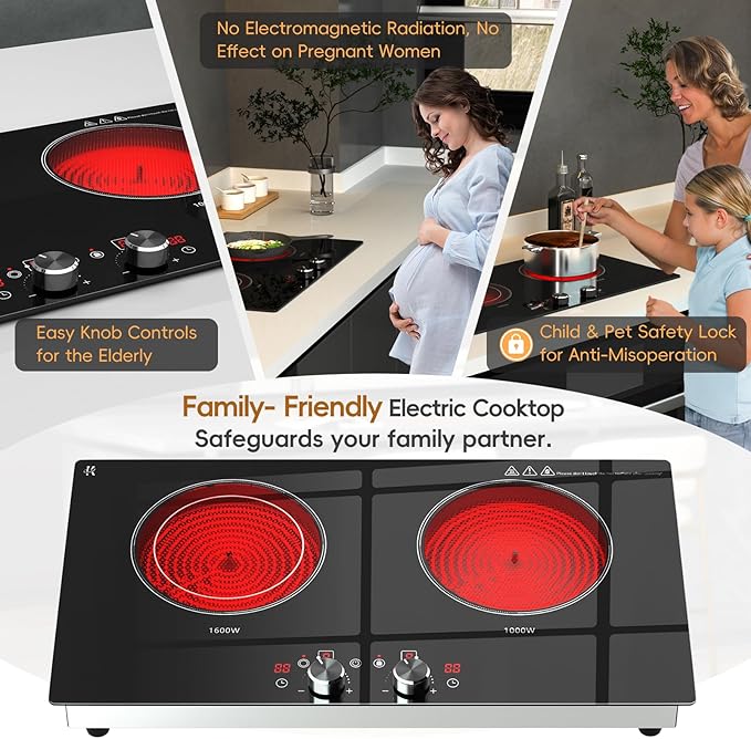 2 Burner Electric Cooktop 24 Inch, 120V Electric Stove Top with Countertop & Built-in Design, 1800W Knob Control Radiant Ceramic Cooktop with Safety Lock, 9 Level Power, 99 Min Timer - Plug in