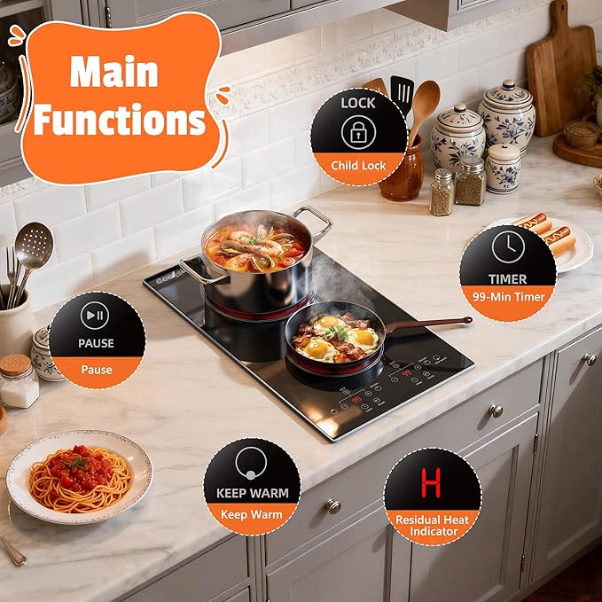 2 Burner Electric Cooktop - 110v Countertop and Built-in Electric Stove 2000W, 12 Inch Ceramic Stove with Residual Heat Indicator, Over-Temperature Protection, Knob Control, 110-120V Plug in