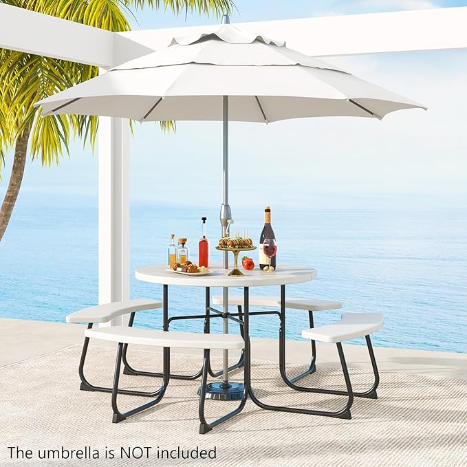 COSTWAY Round Picnic Table with Umbrella Hole, Outdoor Picnic Table with Bench Set for 4-8 People, HDPE Tabletop, Patio Dining Furniture Set for Family Gatherings, BBQ Party, Backyard (White)