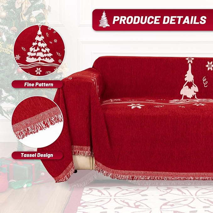 MYSKY HOME Couch Covers for Pets Thick Chenille Christmas Red Sofa Slipcover Non Slip Soft Couch Sofa Cover, Washable Furniture Protector Sofa Slipcover with Tassel for Kids, Dogs, 71"x118"