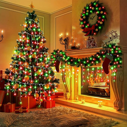 66ft Icicle Lights for Outside, Red and Green Christmas Lights Outdoor Indoor, 640 LED Twinkle String Lights with 120 Drops, Clear Wire Short Curtain Light for Thanksgiving Room Home Wall Bedroom