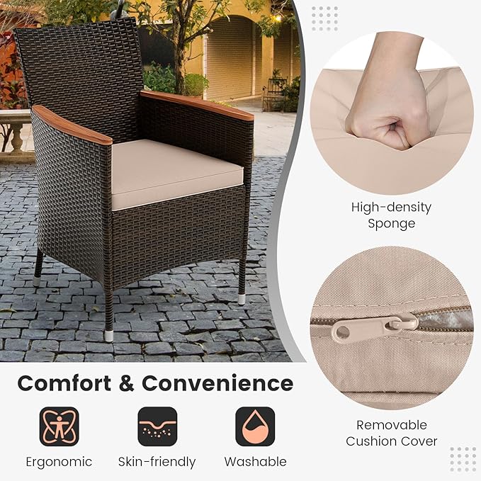 COSTWAY 7-Piece Patio Dining Set for 6, Outdoor Rattan Wicker Table and Chairs Furniture Set with Umbrella Hole, Acacia Wood Tabletop for Backyard, Balcony, Poolside, Brown & Beige