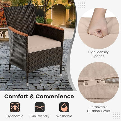 COSTWAY 7-Piece Patio Dining Set for 6, Outdoor Rattan Wicker Table and Chairs Furniture Set with Umbrella Hole, Acacia Wood Tabletop for Backyard, Balcony, Poolside, Brown & Beige