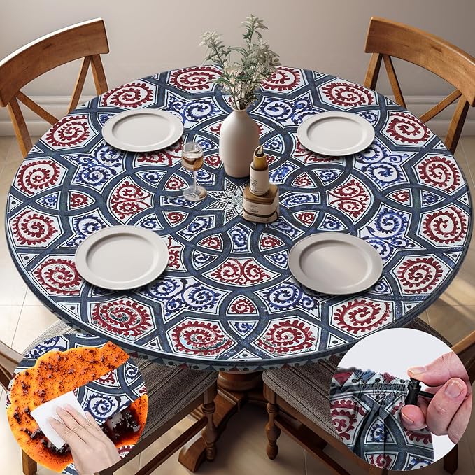 opstellen Fitted Round Tablecloth Wipeable Table Cloths Vinyl Indoor Outdoor Circle Covers for 45-54inch Table Dining Living Room Home Must Haves Gifts Summer Fall Patio Picnic Camping Garden Stuff