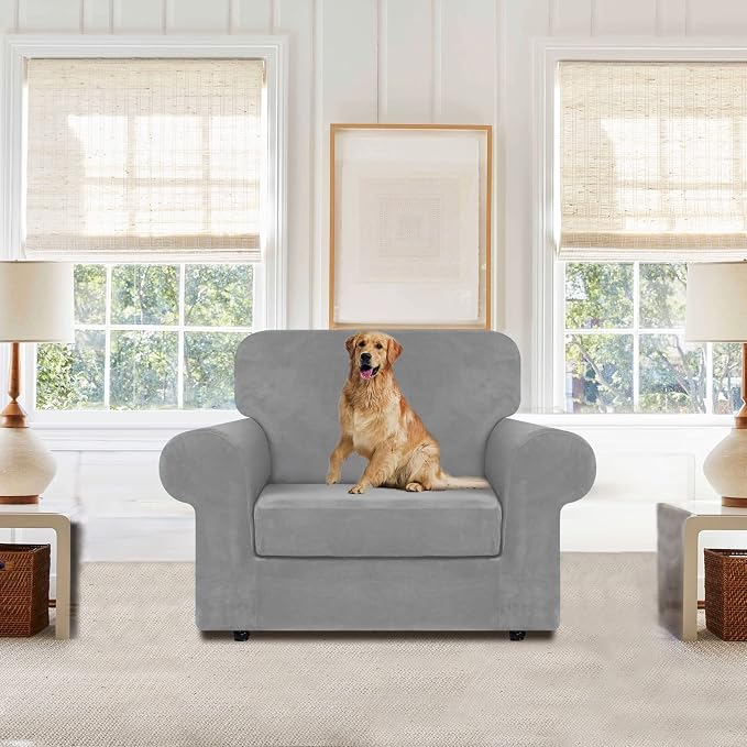 WEERRW Velvet Stretch 2 Pieces Chair Sofa Slipcovers Washable, Silver Grey | Armchair Slipcovers Luxury Soft Velvet Plush Furniture Protector Couch Cover with Elastic Bottom for Kids Pets, Small