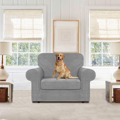 WEERRW Velvet Stretch 2 Pieces Chair Sofa Slipcovers Washable, Silver Grey | Armchair Slipcovers Luxury Soft Velvet Plush Furniture Protector Couch Cover with Elastic Bottom for Kids Pets, Small