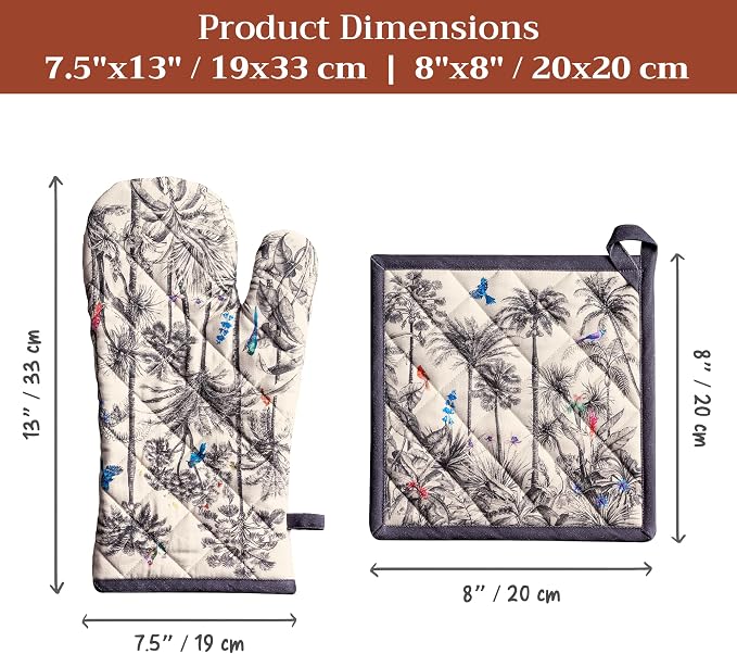 Maison d' Hermine 100% Cotton Oven Mitt & Pot Holder Set (7.5"x13" & 8"x8") | Heat Resistant BBQ Cooking Gloves with Loop Baking Grilling Kitchen Hotel Home Farmhouse Thanksgiving Christmas - Amazonia