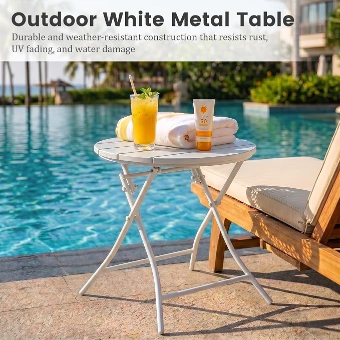 TeoKJ Folding Outdoor Side Tables, HDPS Small Patio Table | Metal Round Anti Rust Patio Desk, No Assembly Small Nightstand for Yard, Balcony, Lawn, Pool, Lightweight, White