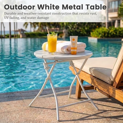 TeoKJ Folding Outdoor Side Tables, HDPS Small Patio Table | Metal Round Anti Rust Patio Desk, No Assembly Small Nightstand for Yard, Balcony, Lawn, Pool, Lightweight, White