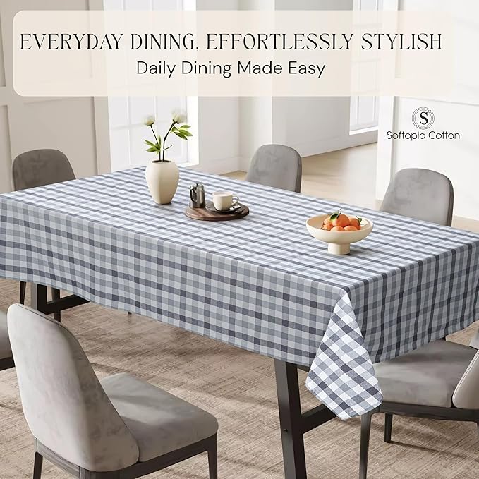 Light and Dark Grey with Natural Plaid Gingham Check Tablecloth, 60x84 Inches, 100% Cotton, Washable, Reusable Farmhouse Table Linen for Holiday, Weddings, Everyday Dining Table Cover