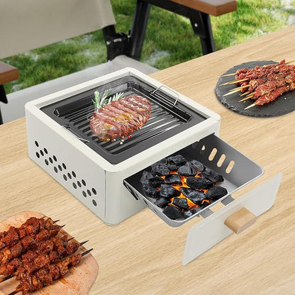 Portable Charcoal Grill, 12.2”x12.2” Square Tabletop BBQ Stove for Outdoor Cooking, Camping, Picnics, Hiking, Compact Outdoor BBQ Grill w/Grill Net & Baking Tray for Barbecuing (White)