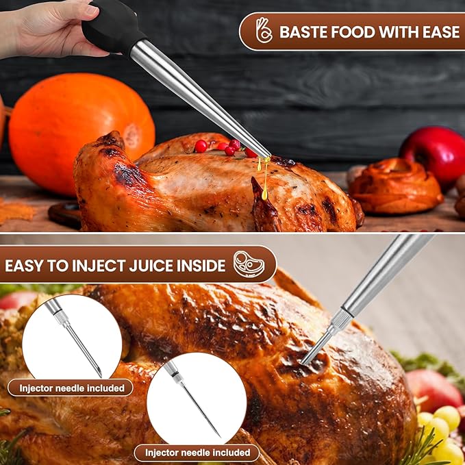 SCHVUBENR Large Turkey Baster with Cleaning Brush & Needle - Stainless Steel Baster Tool for Cooking - Easy to Use and Clean - Heavy Duty Baster Syringe - Thanksgiving, Christmas Essentials - Black
