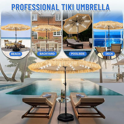 9 ft Tiki Umbrella with 32 LED Lights, Outdoor Patio Umbrella with Solar Lights, Tropical Vibes Thatched Umbrellas with 8 Ribs, Tilt Adjustment, Manual Crank, UPF 50+ for Pool, Beach, Backyard,Garden