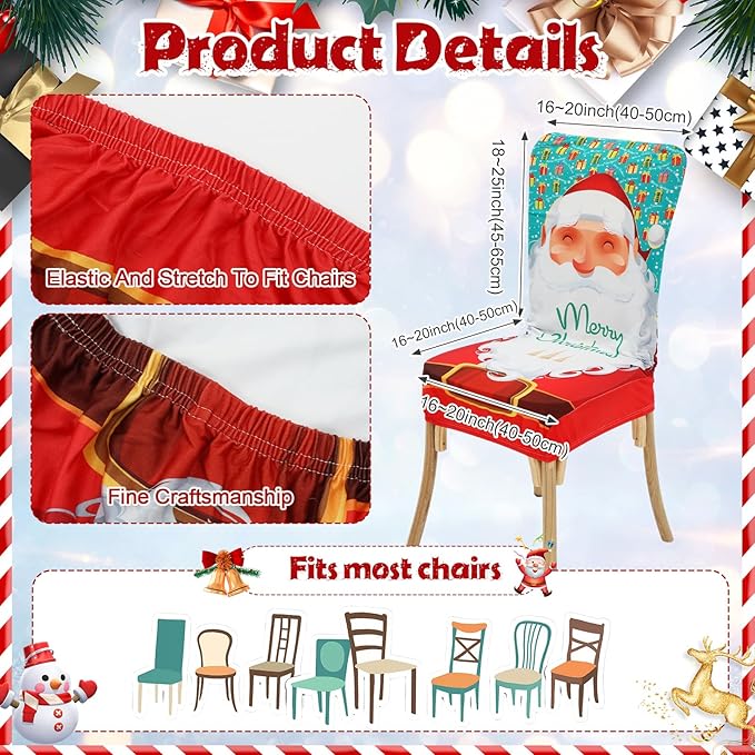 7 Pcs Christmas Tablecloth and Chair Covers Set Stretchable Washable Red Santa Holiday Table Cover and Seat Protector Slipcovers for Xmas Dining Room Kitchen Party(Rectangle,55 x 80 Inch)