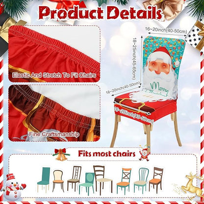 7 Pcs Christmas Tablecloth and Chair Covers Set Stretchable Washable Red Santa Holiday Table Cover and Seat Protector Slipcovers for Xmas Dining Room Kitchen Party(Rectangle,55 x 80 Inch)
