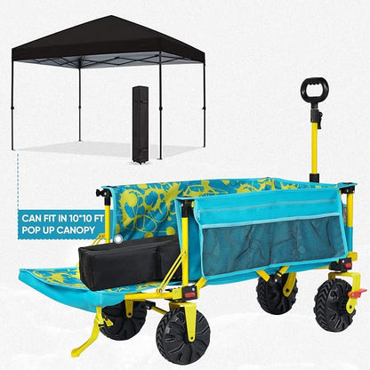 300lbs Extra Long 49" L Beach Wagon with Big Wheels with Brake for Sand, Collapsible Utility Beach Cart Heavy Duty Folding Wagon,Ideal for Outdoor Sand Camping Garden Pet
