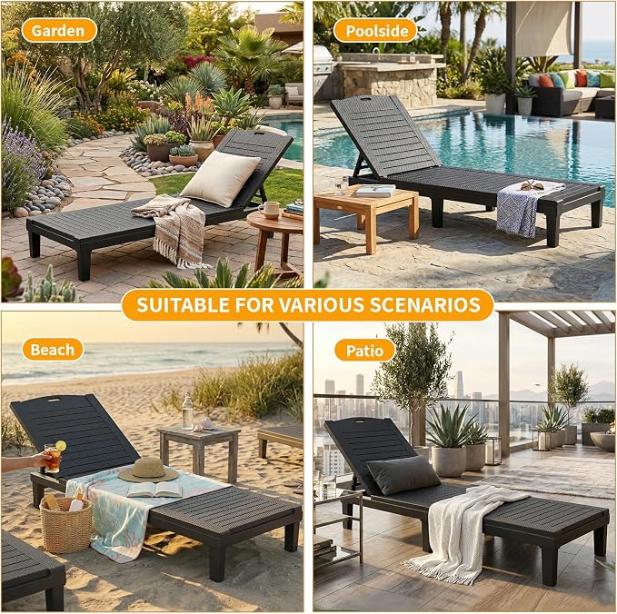 Chaise Lounge Chair Outdoor Set of 2, Black | Waterproof Sun Tanning Chair with 5-Position Adjustable Backrest, Lightweight Lawn Chairs for Pool, Beach, Patio & Garden