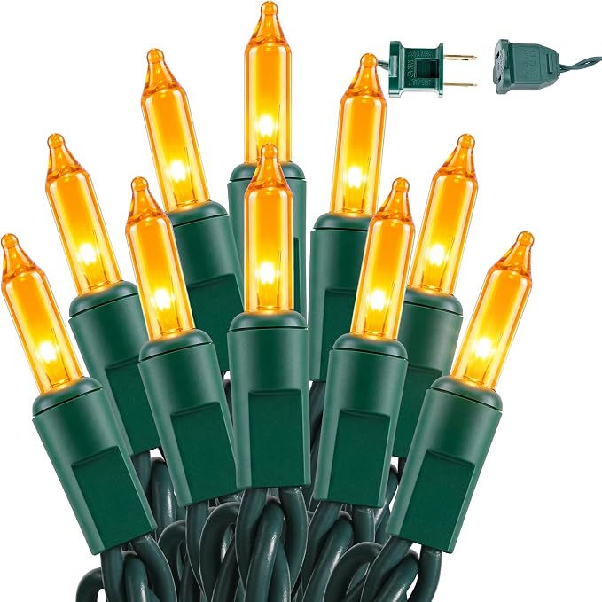 BrizLabs Gold Christmas Lights 300 Count 69.6ft Incandescent String Lights | Connectable; Warm Glow Light String; UL Certified; Xmas Mini String Light Green Wire for Indoor Outdoor Tree Holiday Party