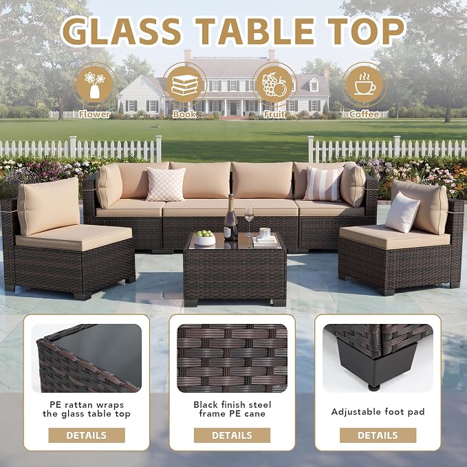 LAFWELL 7 Pieces Outdoor Patio Furniture Sets,Rattan Conversation Sectional Set,Manual Weaving Wicker Patio Sofa with Tea Table