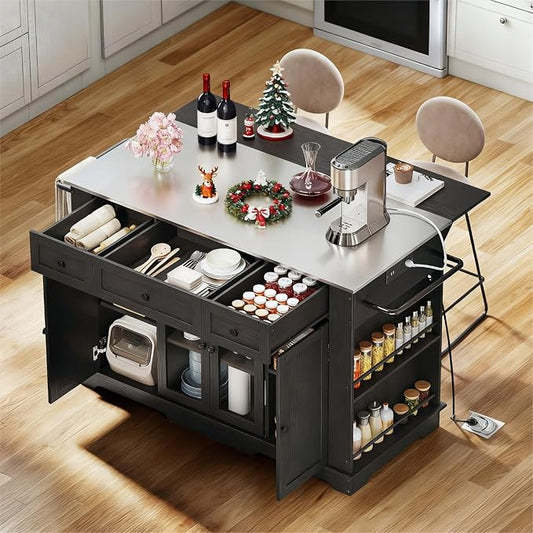 DWVO Kitchen Island w Stainless Steel Top Drop Leaf Bar Seating Power Outlet, 60" Large Rolling Mobile Center Islands w Folding Dropleaf Storage Drawer Cabinet Wheel Counter Height Metal Top, Black