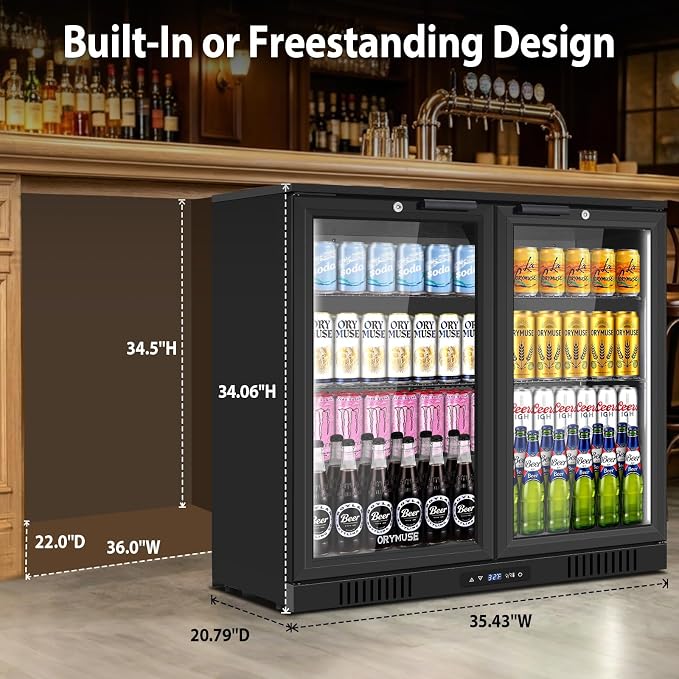 ORYMUSE 36 Inch Commercial Back Bar Cooler with 2 Glass Doors, 7.2 Cu.Ft Under Counter Beverage Refrigerator with Safety Lock and LED Light for Bar, Restaurant and Home, Black