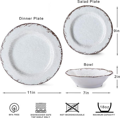 LEHAHA BPA Free Rustic Melamine Plate and Bowl Dinnerware Set Perfect for Indoor Outdoor Dining Party, Camping, 12 Piece Unbreakable Dinnerware Set, Service for 4