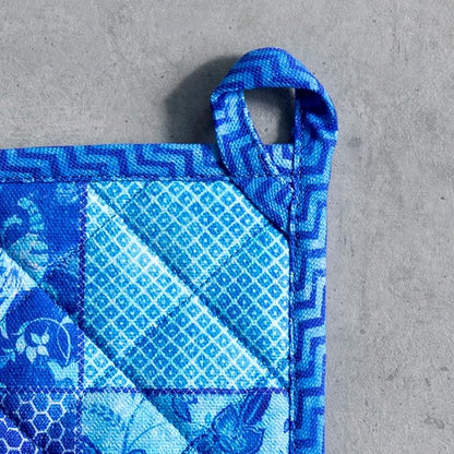 Maison d' Hermine Pot Holders 100% Cotton Heat Resistant Potholders 8" x 8" Hot Pads with Loop BBQ Cooking Baking Hotel Farmhouse Kitchen Handling Hot Pans Spring Summer (Pack of 1, Indigo Love)
