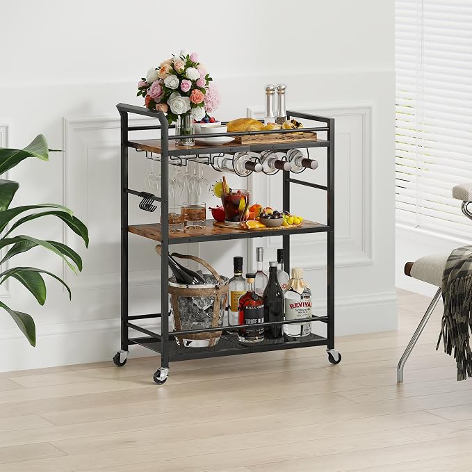 3 Tier Bar Cart, Small Beverage Cart, Mini Bar Cart with Wine Rack, Home Bar Serving Cart with Wheels for Kitchen Dining Living Room (Rustic Brown, General) GBC507R