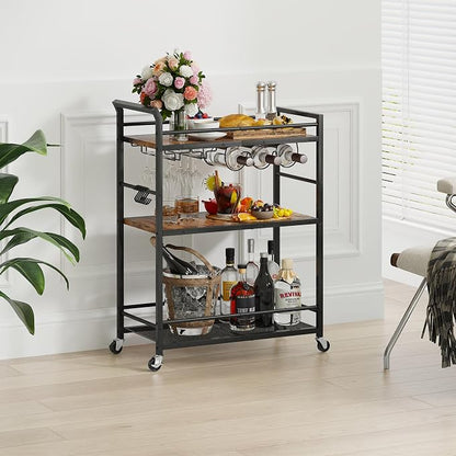 3 Tier Bar Cart, Small Beverage Cart, Mini Bar Cart with Wine Rack, Home Bar Serving Cart with Wheels for Kitchen Dining Living Room (Rustic Brown, General) GBC507R