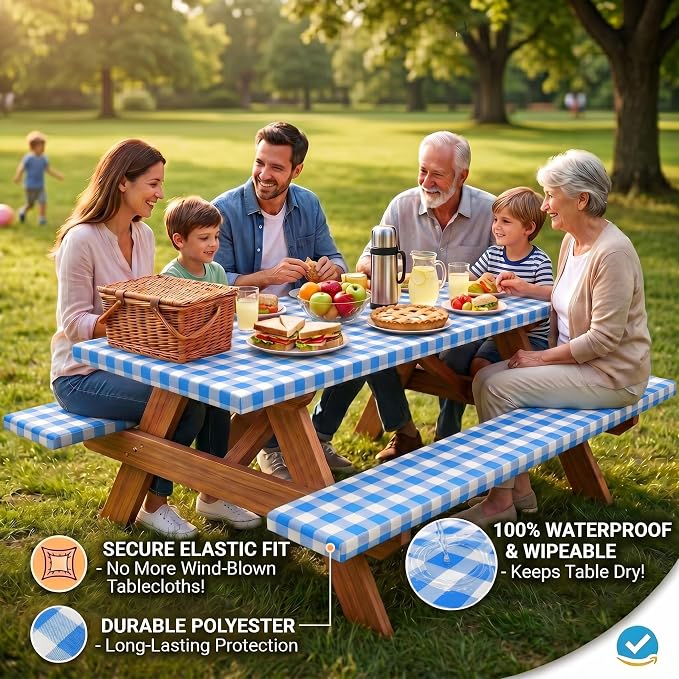 Poise3EHome Picnic Table Cover with Bench Covers, 6 Foot Fitted Elastic Tablecloth Set, Heavy Duty Polyester with TPU Waterproof Backing, Washable Outdoor Picnic Set for Camping, RV & Park(Blue&White)