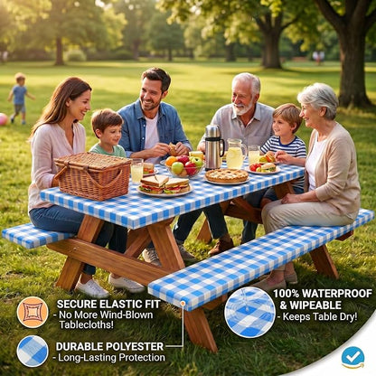 Poise3EHome Picnic Table Cover with Bench Covers, 6 Foot Fitted Elastic Tablecloth Set, Heavy Duty Polyester with TPU Waterproof Backing, Washable Outdoor Picnic Set for Camping, RV & Park(Blue&White)