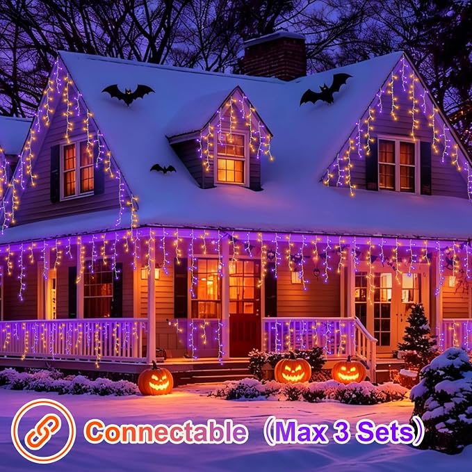 YEGUO 33ft 400 LED Orange and Purple Icicle Halloween Lights, 80 Drops Icicle Lights Connectable, 8 Modes Icicle Christmas Light with Memory Timer