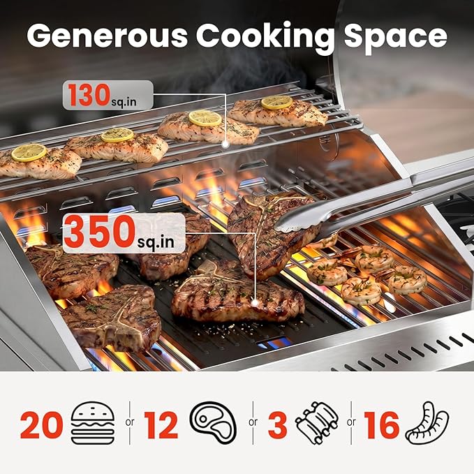 COWSAR 4 Burner Gas Grill, 34000 BTU Stainless Steel BBQ Grill with Side Burner, Porcelain-Coated Cast Iron Grates, Pull-Out Grease Tray for Outdoor Backyard Cooking