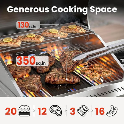 COWSAR 4 Burner Gas Grill, 34000 BTU Stainless Steel BBQ Grill with Side Burner, Porcelain-Coated Cast Iron Grates, Pull-Out Grease Tray for Outdoor Backyard Cooking