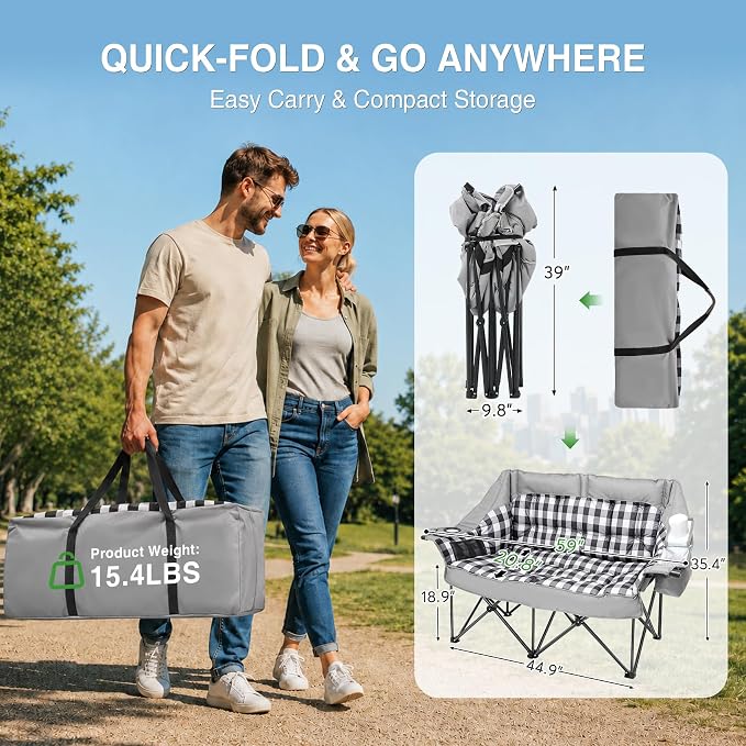 HOPERAN Double Camping Chair 800lbs Camping Couch Folding Loveseat, Grey | 59" Wide Seat, 600D Fabric, Thickened Padding, Cooler Bag, Side&Rear Pocket, Cup&Wine Glass Holder, for Lawn Patio Beach