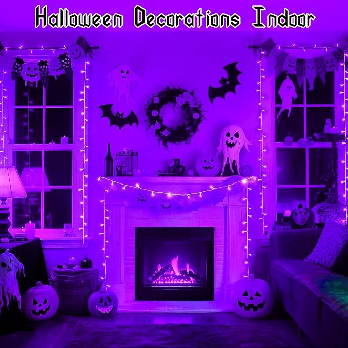 Solar Orange Lights for Halloween String Lights Outdoor Waterproof Total 100LED 33FT with 8 Modes for Yard/Patio/Tree, 16.4Ft*2, 50LED*2 for Halloween Decoration