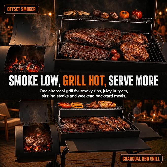 Realcook Charcoal Grill with Offset Smoker: Spacious Barrel Charcoal Grills with 800 Sq. In. Cooking Space - BBQ Offset Smoker Combo for Backyard Parties Weekend Barbecues Gatherings