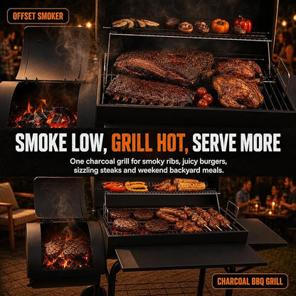 Realcook Charcoal Grill with Offset Smoker: Spacious Barrel Charcoal Grills with 800 Sq. In. Cooking Space - BBQ Offset Smoker Combo for Backyard Parties Weekend Barbecues Gatherings