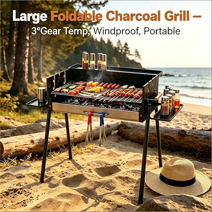 Foldable Charcoal Grill with 3 Gear Adjustable Temperature, Windproof Camping BBQ Grill with Foldable Storage Shelves, Heavy Duty Portable Charcoal Grills for Backyard Tailgating 5-16 People