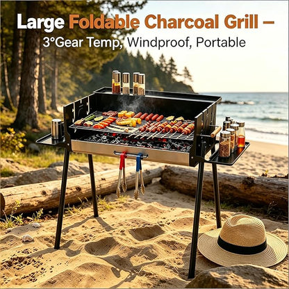 Foldable Charcoal Grill with 3 Gear Adjustable Temperature, Windproof Camping BBQ Grill with Foldable Storage Shelves, Heavy Duty Portable Charcoal Grills for Backyard Tailgating 5-16 People