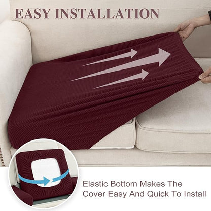 LA MEACK Couch Cushion Covers for Sectional Sofa L Shape Washable Separate Seat Chaise Couch Cover Stretch Sofa Slipcovers with 2 Pcs Pillowcases(2 Seater + 1 Chaise, Burgundy)