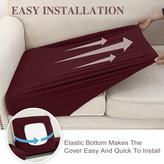 LA MEACK Couch Cushion Chaise Lounge Cover Washable Separate Seat Chaise Couch Cover Stretch Sectional Sofa Slipcover (1 Piece for Chaise or Sofa 3-Seater, Burgundy)