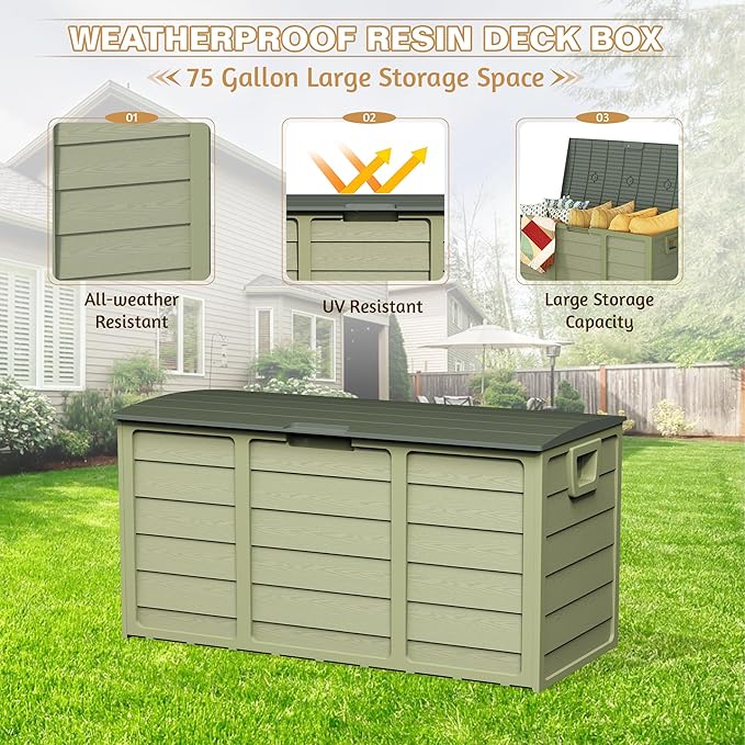 75 Gallon Outdoor Deck Storage Box – Heavy Duty Resin with Lockable Lid, Waterproof & UV Resistant for Patio Furniture, Garden Tools(Green)
