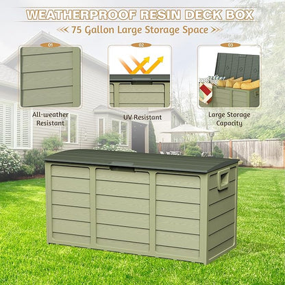 75 Gallon Outdoor Deck Storage Box – Heavy Duty Resin with Lockable Lid, Waterproof & UV Resistant for Patio Furniture, Garden Tools(Green)