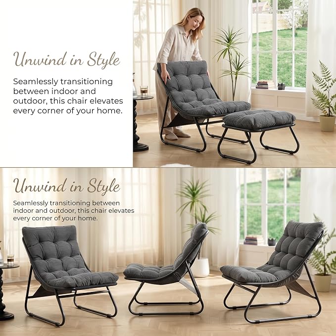 Rocking Chair with Ottoman, Modern Metal Frame Outdoor Rocker, Comfy Patio Lounge Chair with Footrest, Reading Glider Chairs for Living Room, Bedroom, Balcony, Garden, Relax, Grey