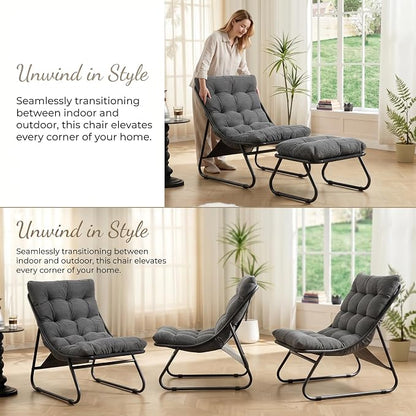 Rocking Chair with Ottoman, Modern Metal Frame Outdoor Rocker, Comfy Patio Lounge Chair with Footrest, Reading Glider Chairs for Living Room, Bedroom, Balcony, Garden, Relax, Grey
