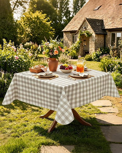 Seenus Khaki Gingham Card Table Tablecloth with Flannel Backing, Waterproof & Easy Clean Farmhouse Decor, Rustic Checkered Table Cloth for Family Dining & Summer BBQ, Square 52 x 52 Inch